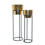 Modern Planter | Standing Flower Pot | Decorative Stand For Plant (Set of 2) | Hand Carved-Traditional Design In Brass Finish