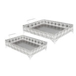Metal Mirror Tray | Laser Cut Tray | Rectangular Vanity Tray for Dressing Table | Silver| (Set of 2)