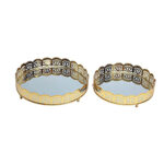 Metal Mirror Tray | Laser Cut Tray | Round Vanity Tray for Dressing Table | Golden| (Set of 2)